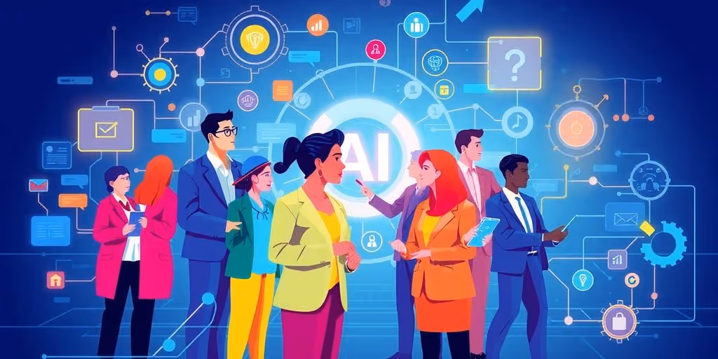 Professionals collaborating with AI technology in a modern office.
