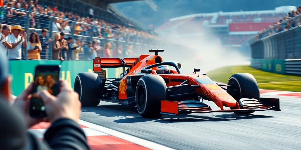 Formula 1 car on track with fans enjoying technology.