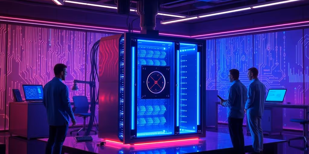 Futuristic quantum computer with engineers in a high-tech lab.