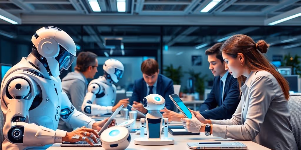 Professionals collaborating with AI technology in a modern office.