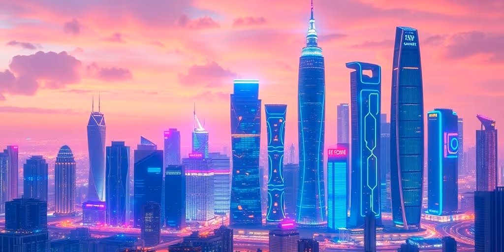Futuristic city skyline with vibrant colors and AI elements.