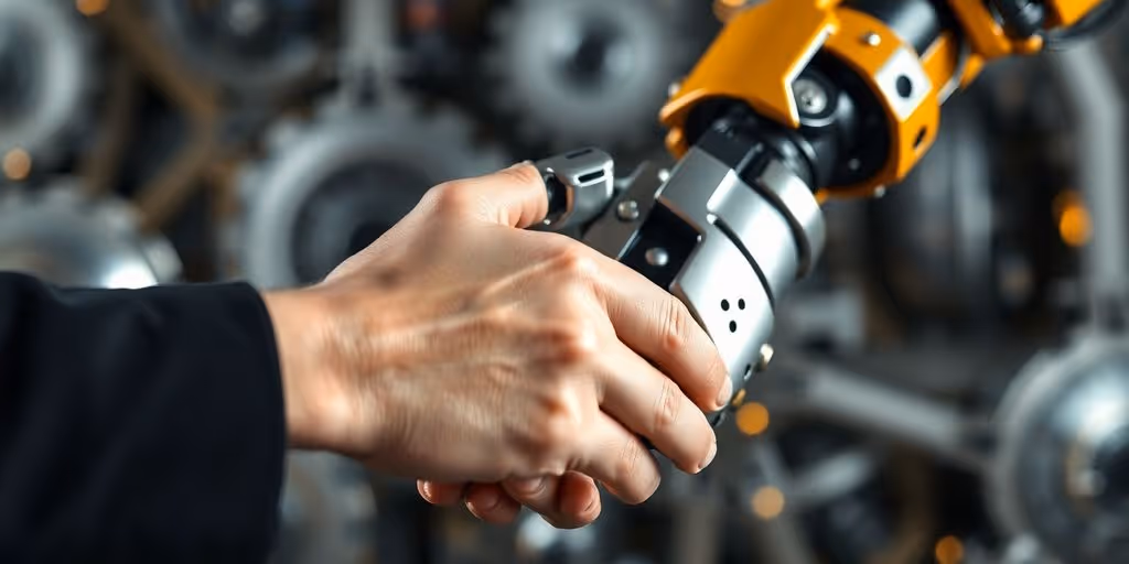 Robotic arm shaking human hand, gears turning.