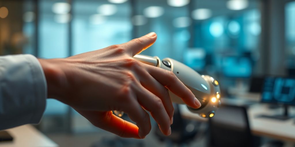 AI robot with warm, glowing eyes.