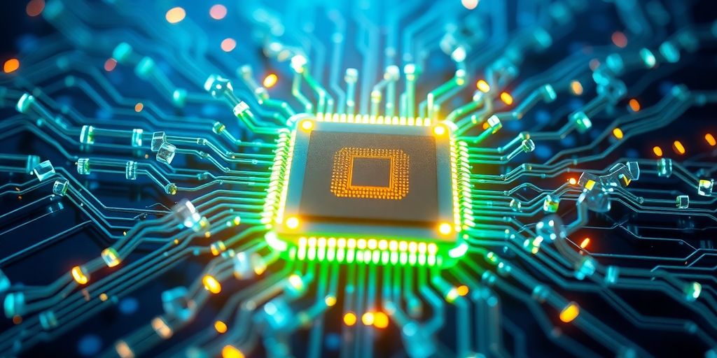 Glowing circuits, digital currency, silicon chip fusion.