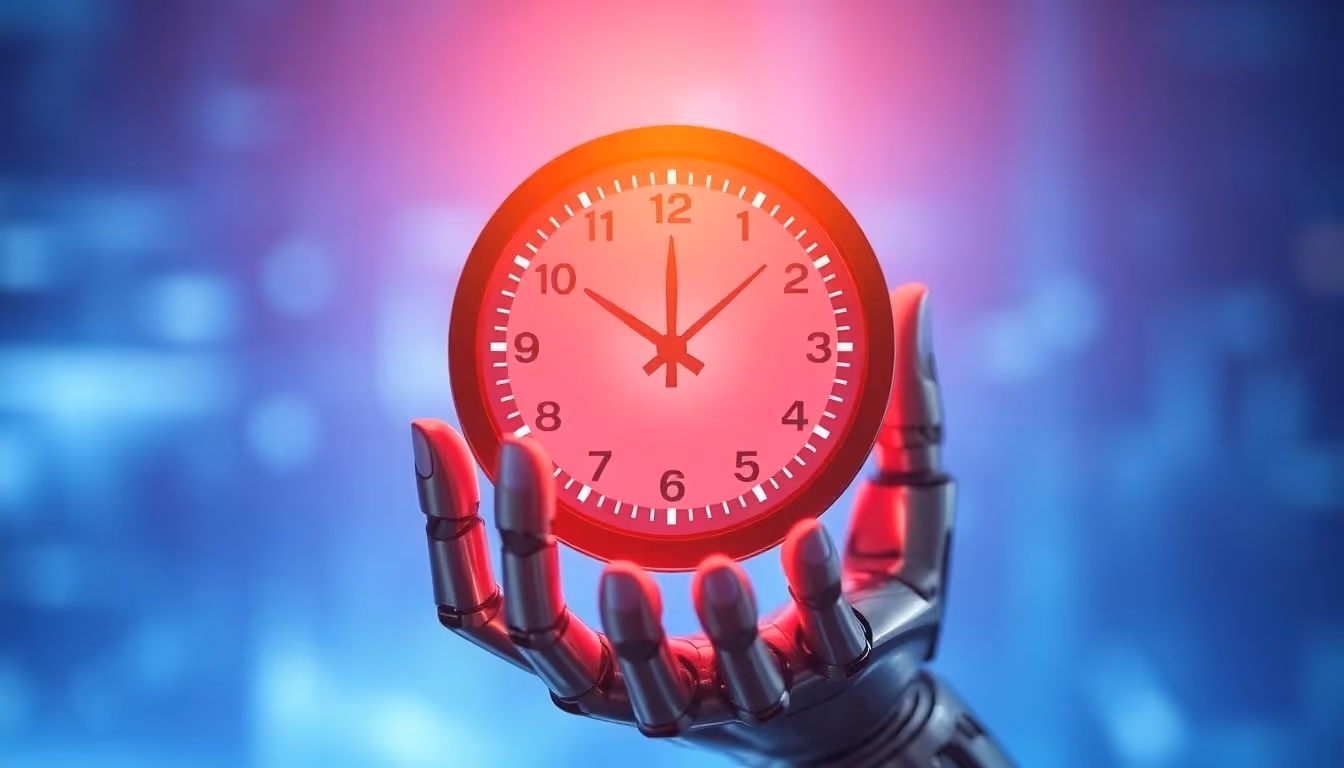 Robot hand holds glowing clock.