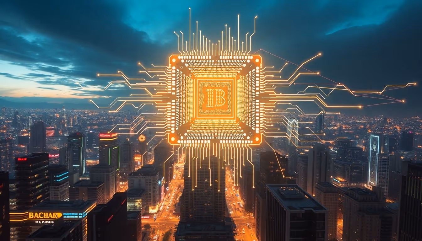 Massive data chip over city.