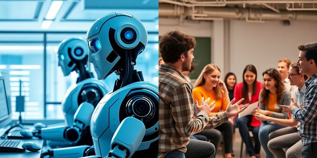 Robots and diverse humans collaborating in modern office.