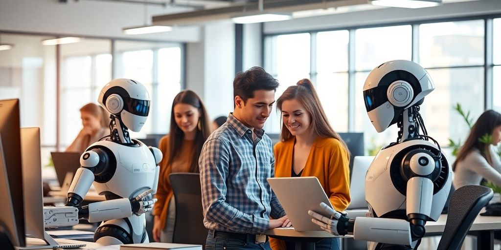 Robots and humans collaborating in a futuristic office.