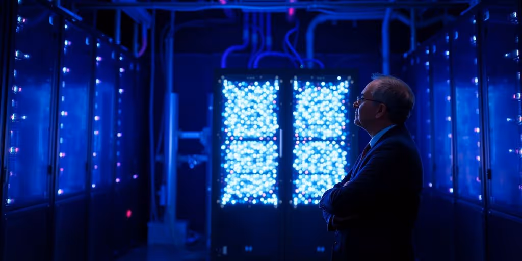 Quantum computer in a futuristic, glowing server room.