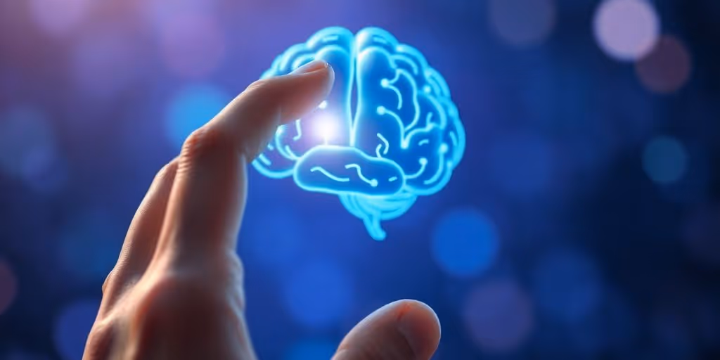 Human hand touching AI brain, glowing connection.