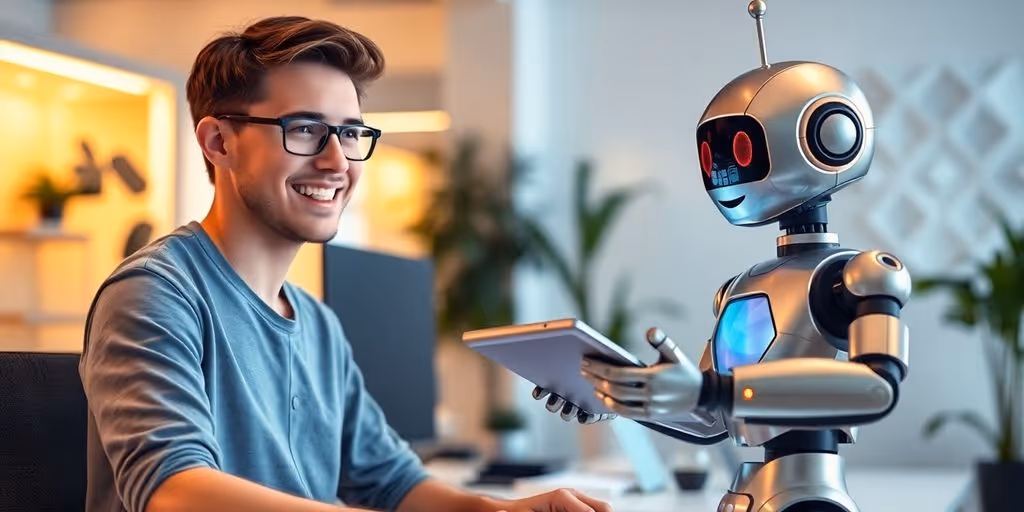 Young coder with robot assistant.