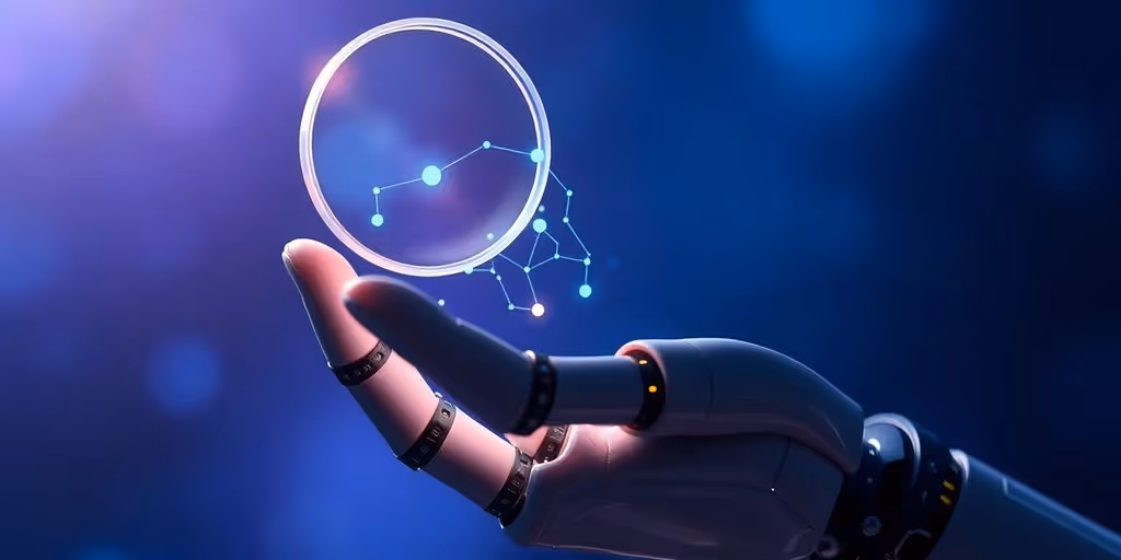 Robot hand holds magnifying glass over data.