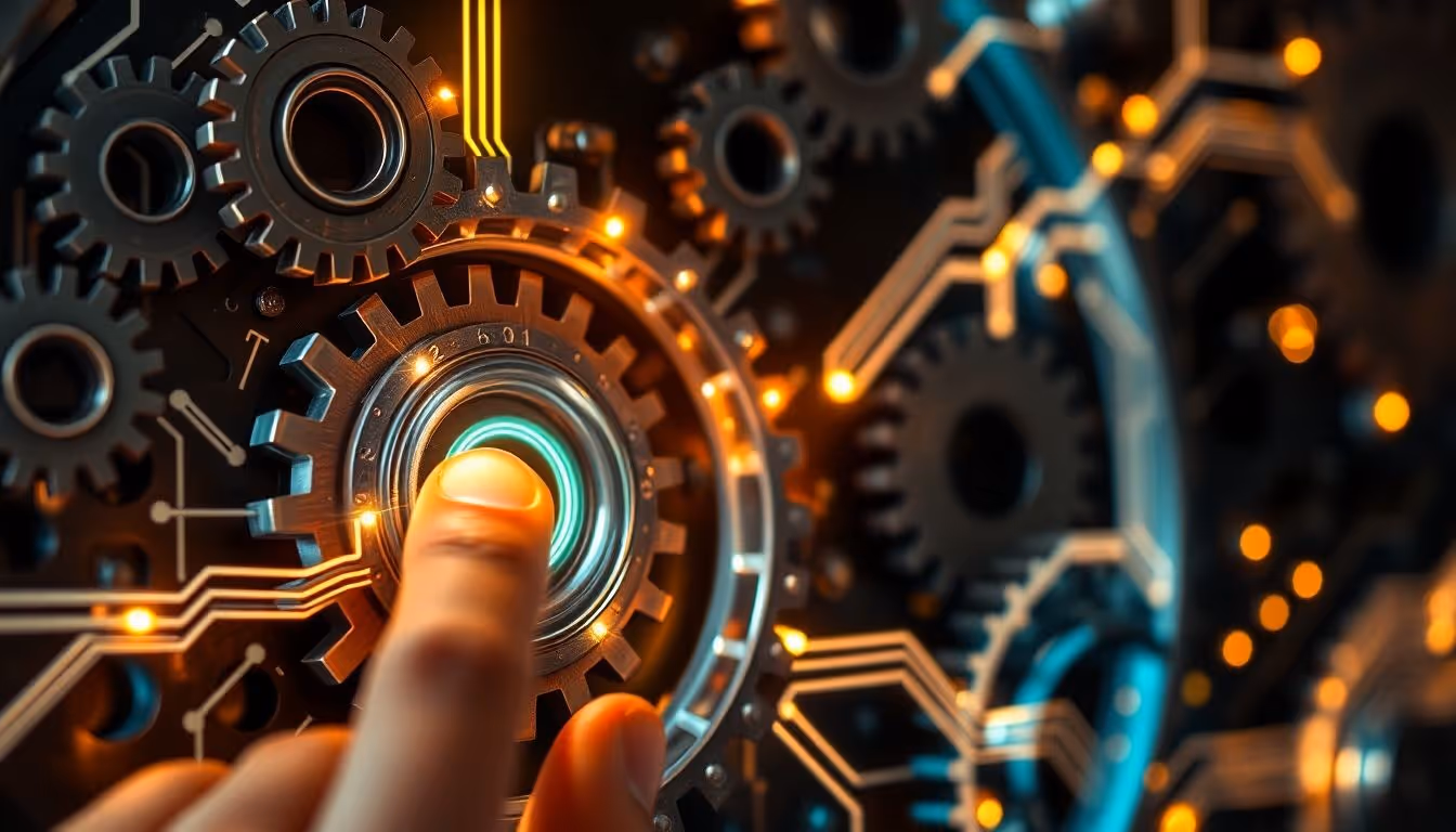 Gears, circuit board, glowing lines, human hand.