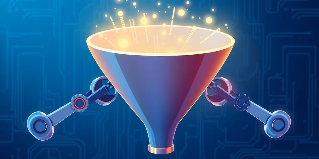 AI funnel with gears, glowing data.