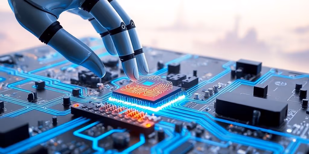Robot hand placing AI chip on circuit board.