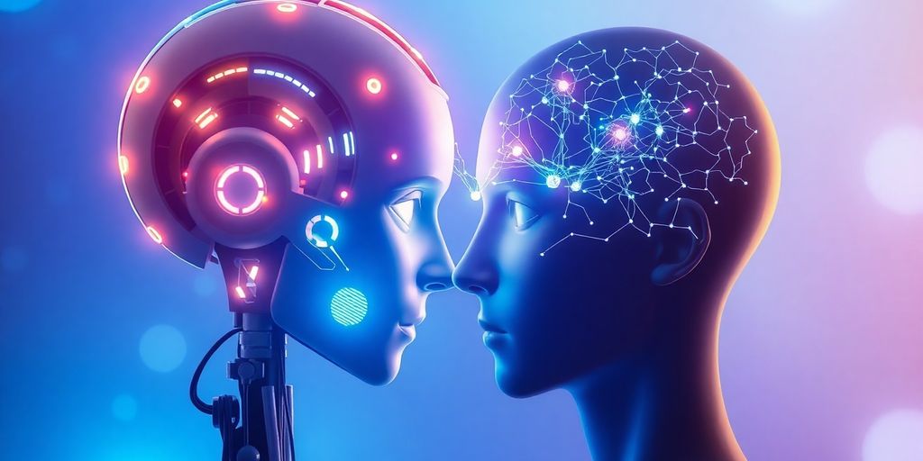 Robot and human brains connecting.