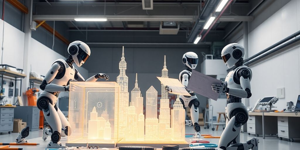Robots collaborate, building glowing city structures.