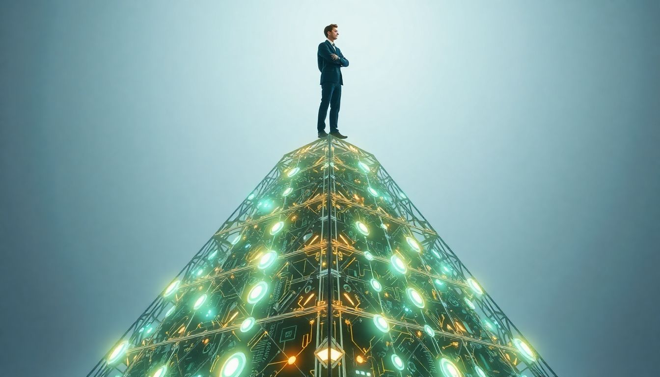Business person atop the AI pyramid, guiding his business towards success