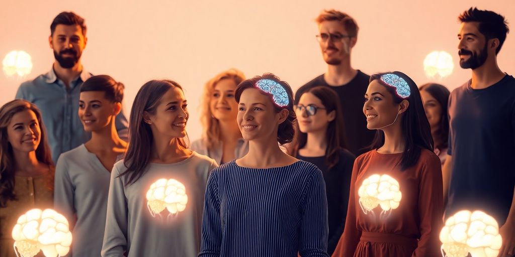 Humans and AI collaborating, glowing brains.