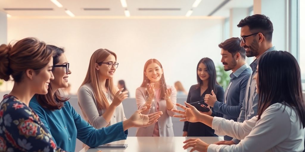 Humans collaborate with AI, glowing connections, futuristic setting.