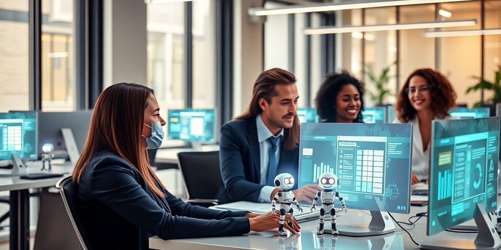 Robots assisting small business owners on computers