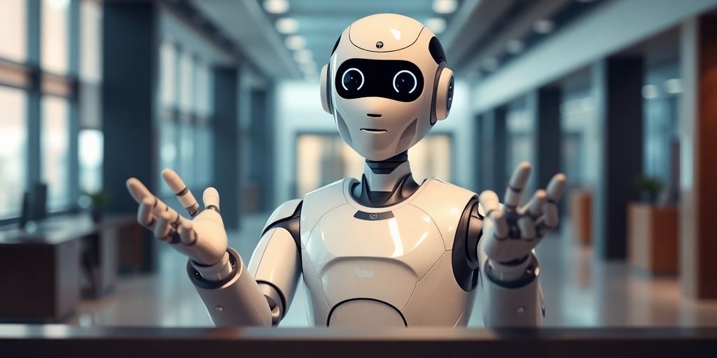 Smiling AI robot receptionist welcomes a customer.