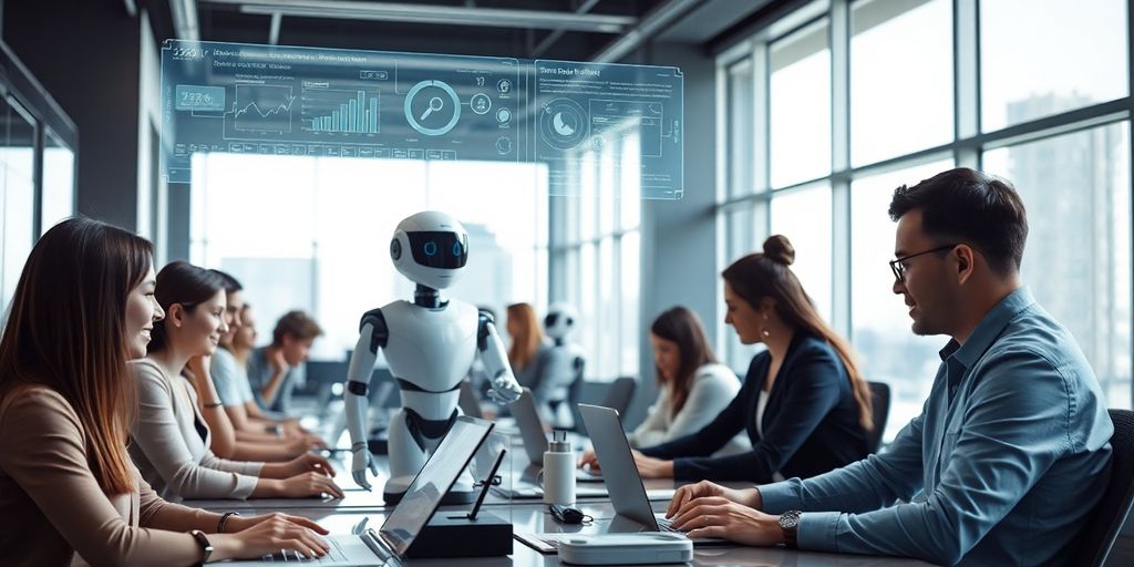 Humans and robots collaborating in a modern office.
