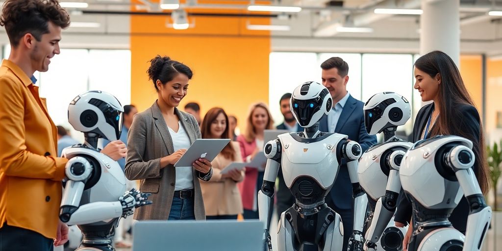 Robots working collaboratively with diverse human employees.