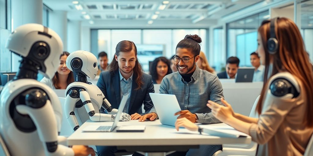 Robots and diverse people collaborating in a modern office.