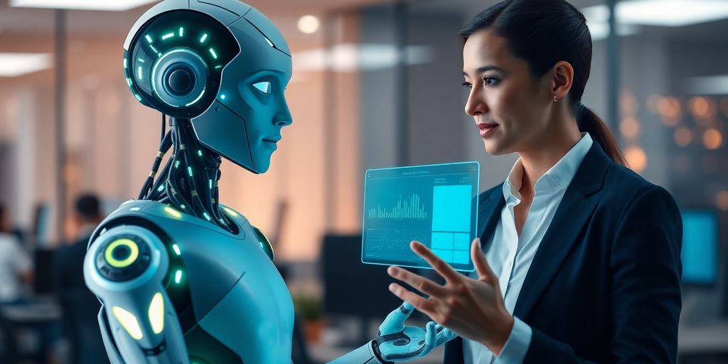 AI avatar interacting with a business professional.