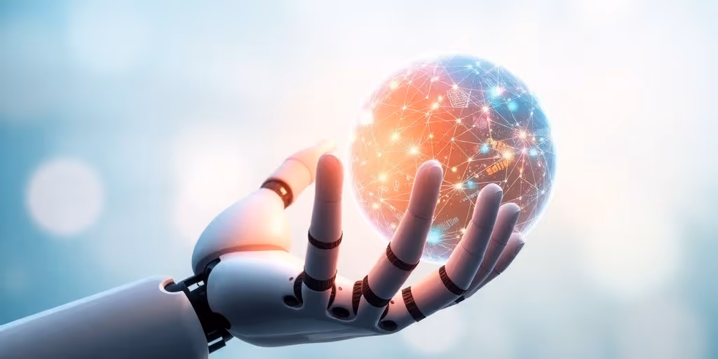 Robot hand creating newsletter, digital connections.