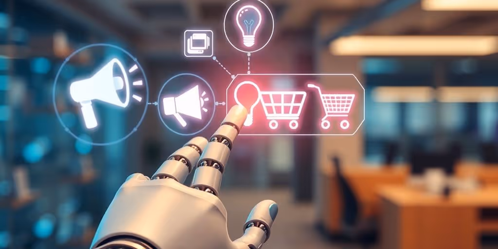 Robots with glowing eyes work on marketing.
