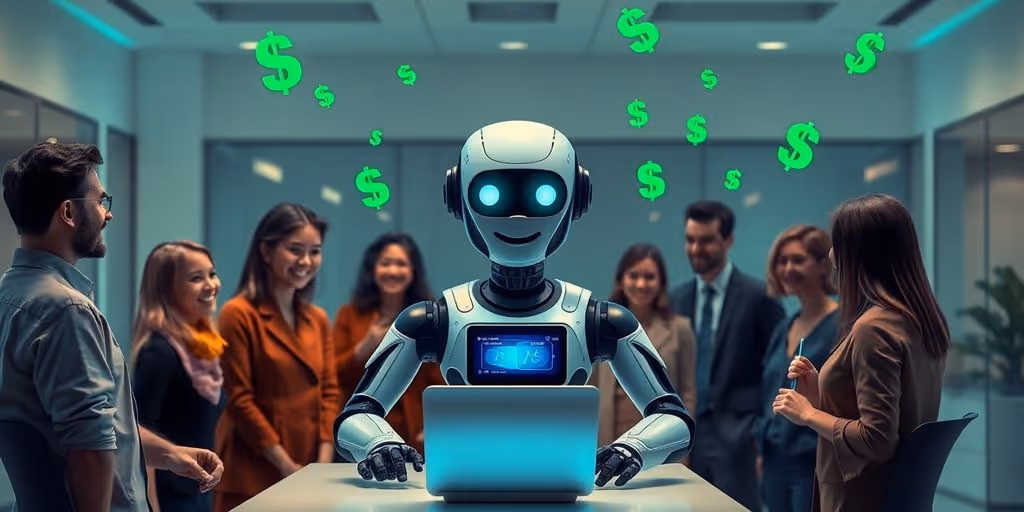 Robot helping customer, money floating around.