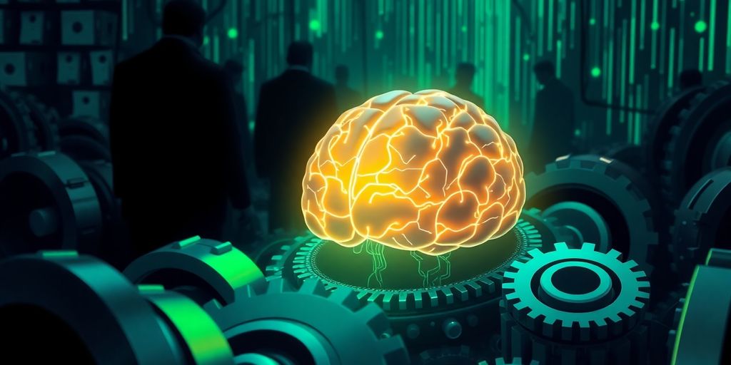 Glowing AI brain with gears, surrounded by shadowy figures.