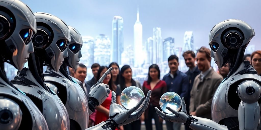 Robots collaborating to create marketing campaigns.