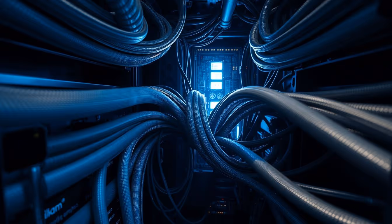 Metal data pipes inside computer snarled at narrow steel bottleneck