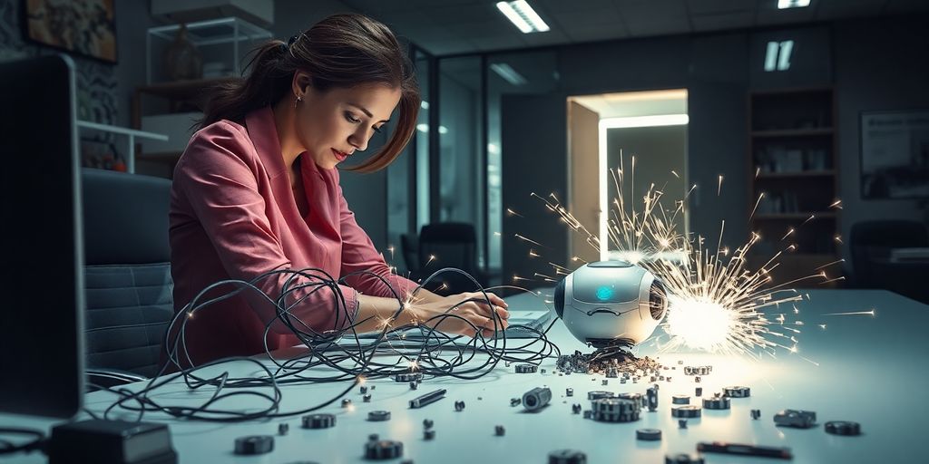 Saleswoman untangling cables from malfunctioning AI robot in modern office.