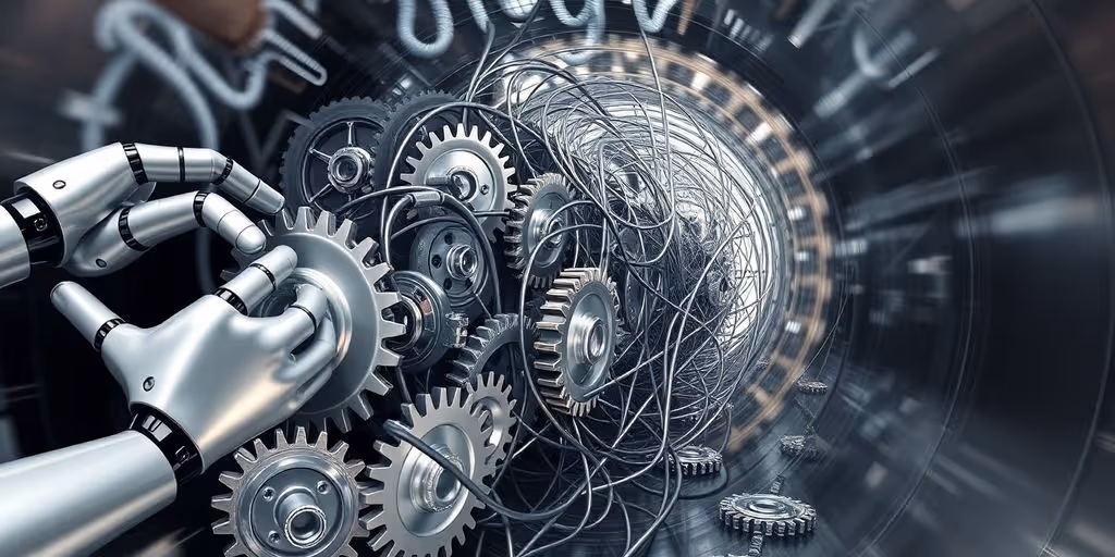 Metal gears tangled by wires stall robotic hands in pipeline.