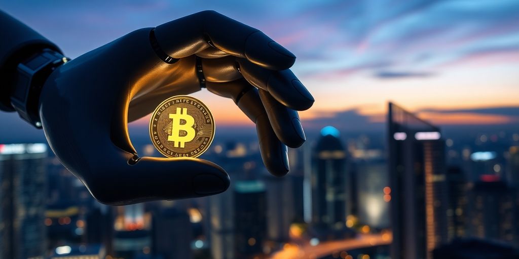 Robotic hand holding glowing money, city background