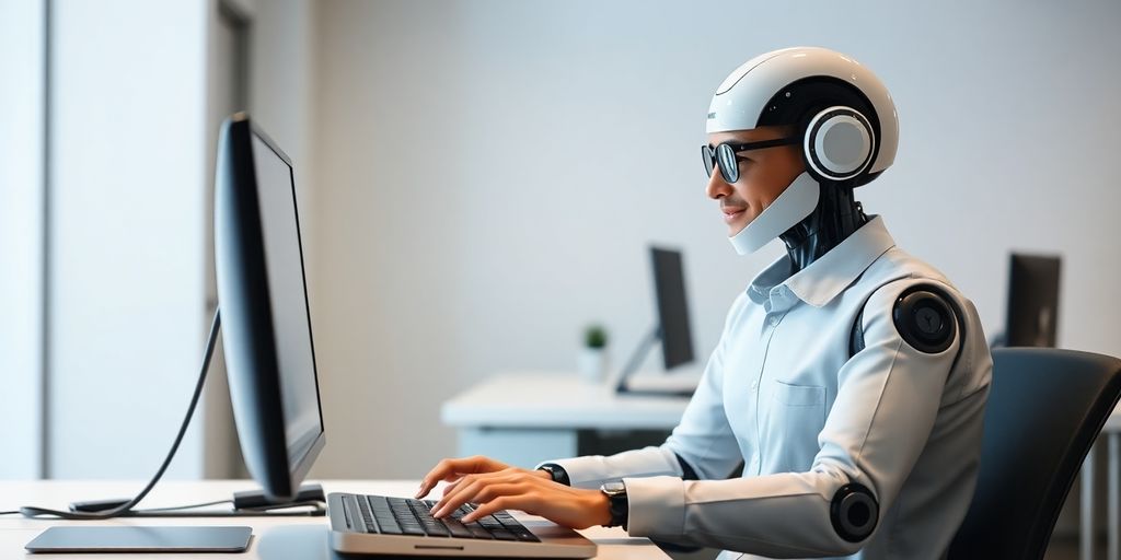 Robot assisting small business owner, saving time.