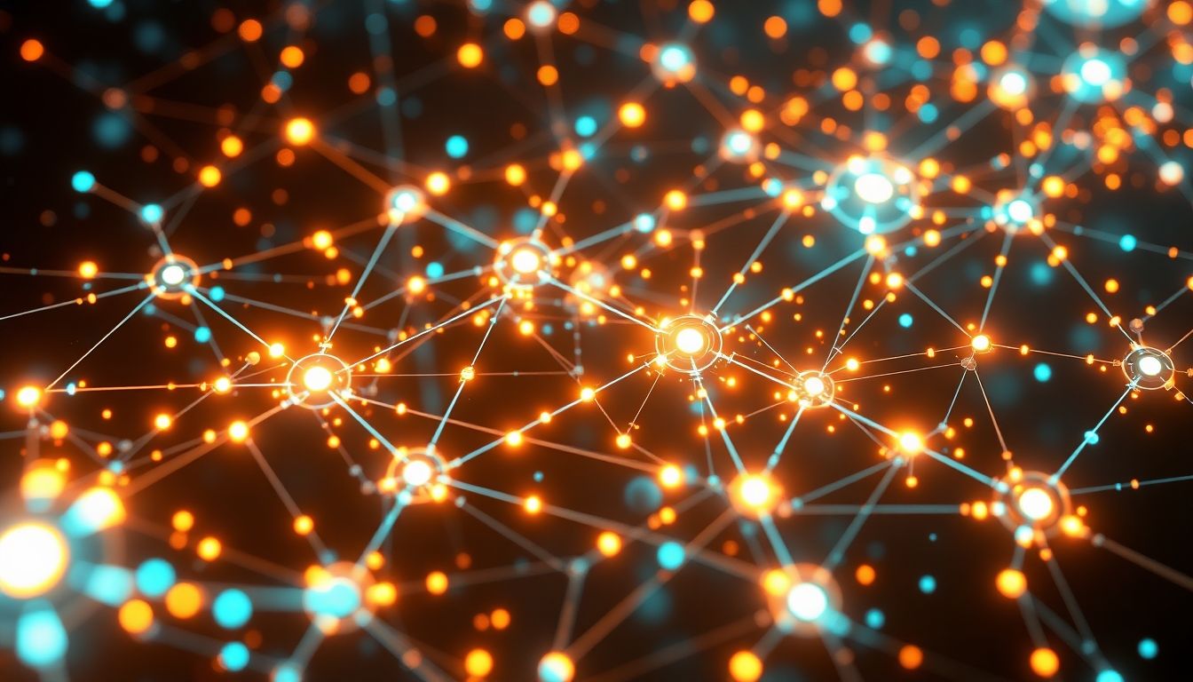Abstract depiction of interconnected digital nodes and glowing lines.
