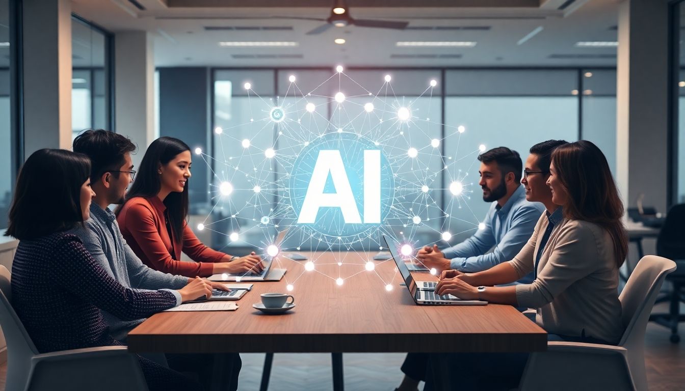 AI assisting office workers in developing marketing strategies.