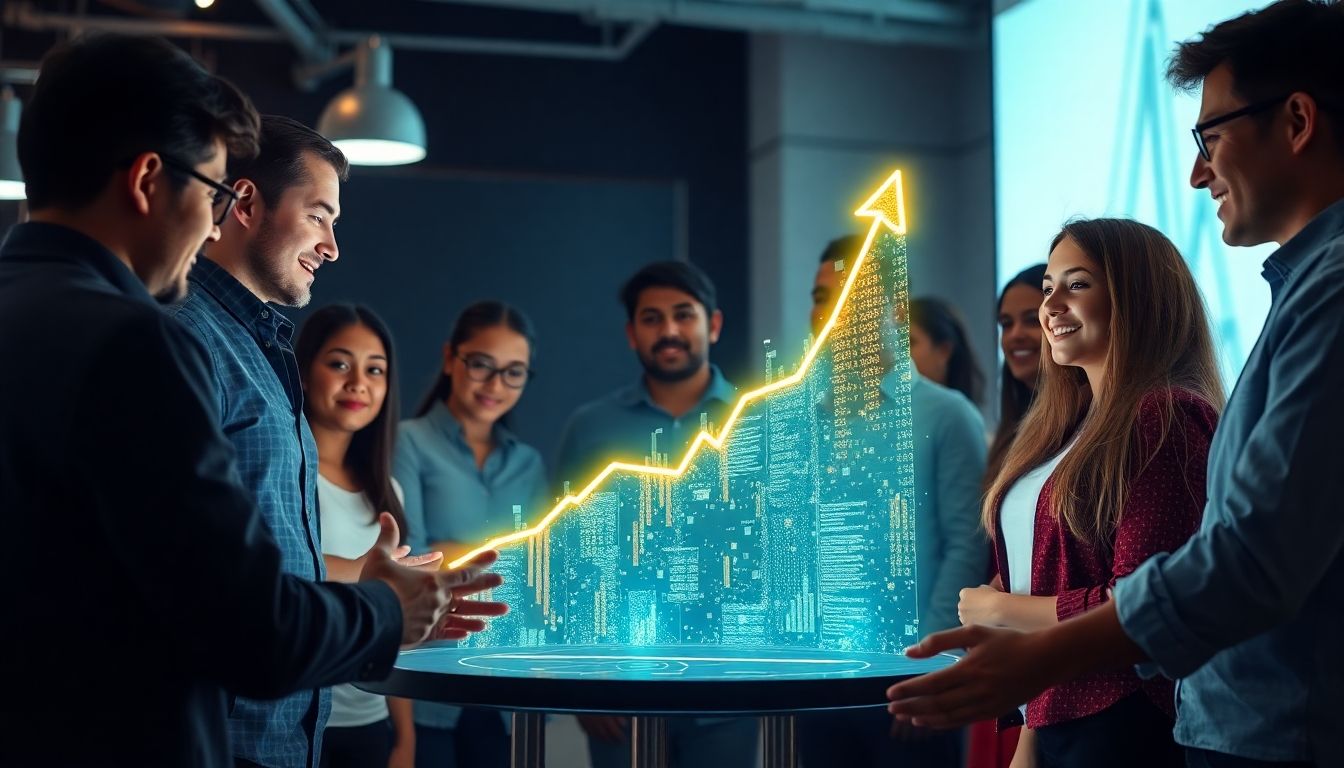 Young business team observing AI data transformation into growth.