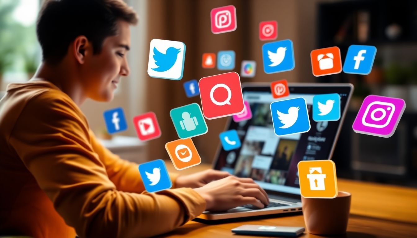 Person creating content on a laptop with social media icons floating around.