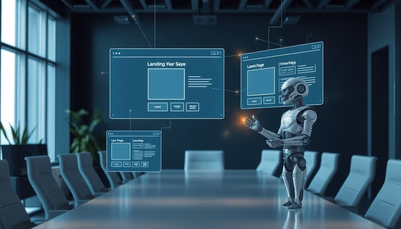 Futuristic office with AI landing page builders.