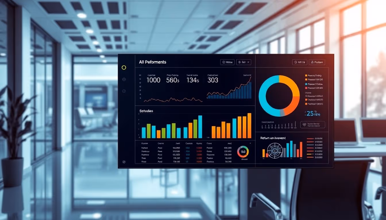 Futuristic office with AI interface showing performance and ROI.