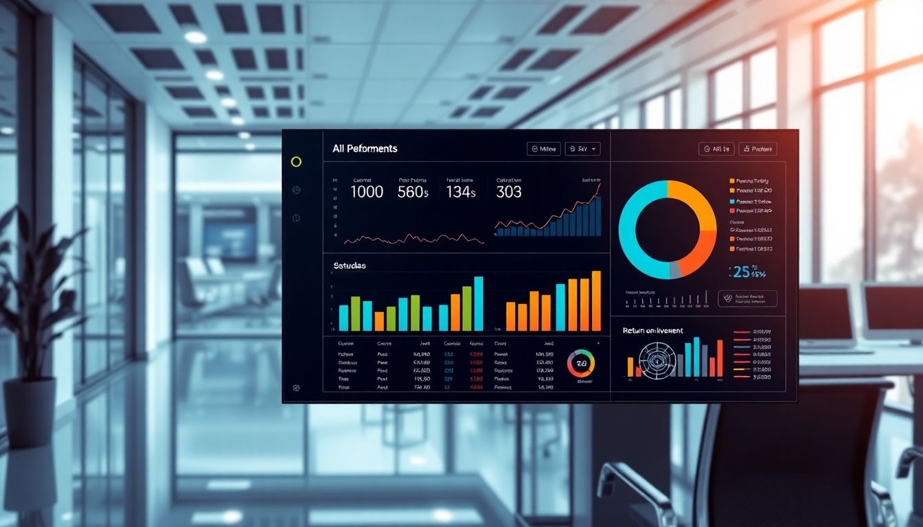 Futuristic office with AI interface showing performance and ROI.