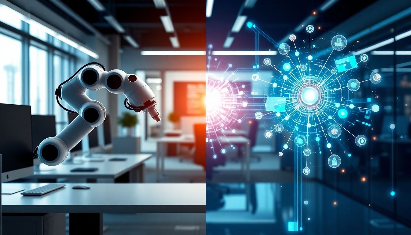AI and automation robots working together in a modern office.