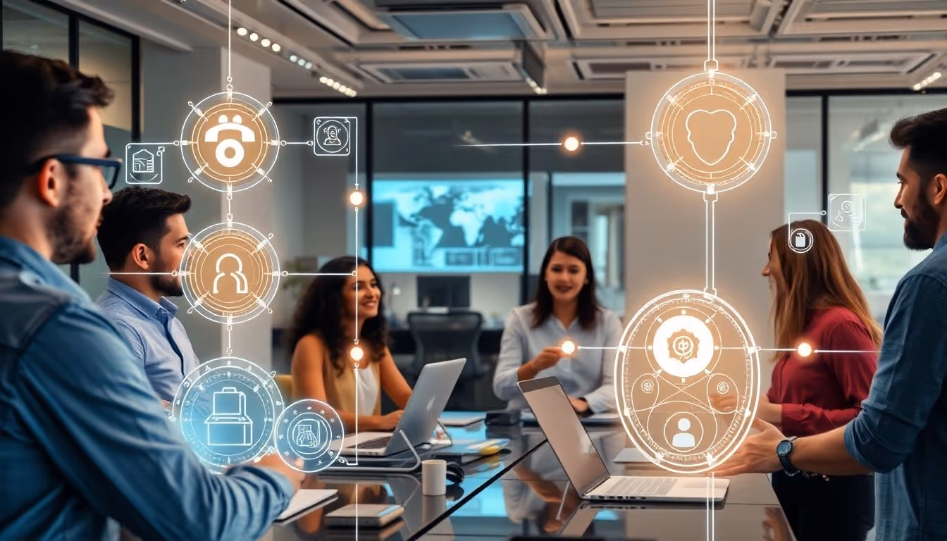 Office workers collaborating around a desk with holographic AI and automation interfaces.