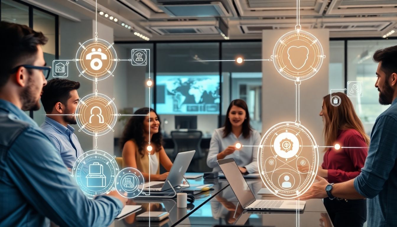Office workers collaborating around a desk with holographic AI and automation interfaces.